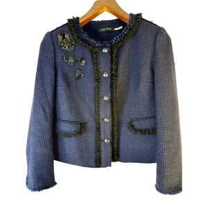024 IVANKA TRUMP Navy Bouclé-Style Floral Embellished Cropped Jacket 6 Pre-Owned